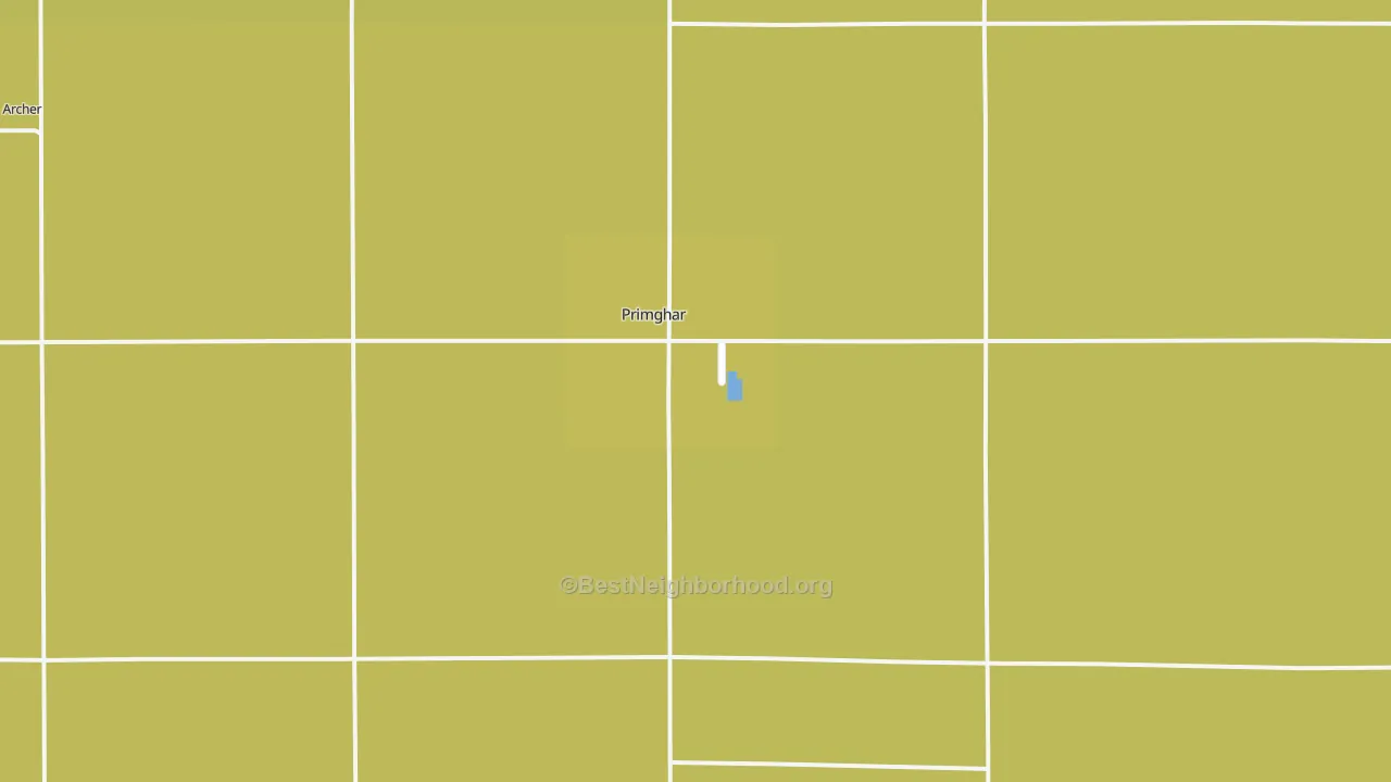Map of the best neighborhoods in the Primghar area, with better matches in green and worse matches in red