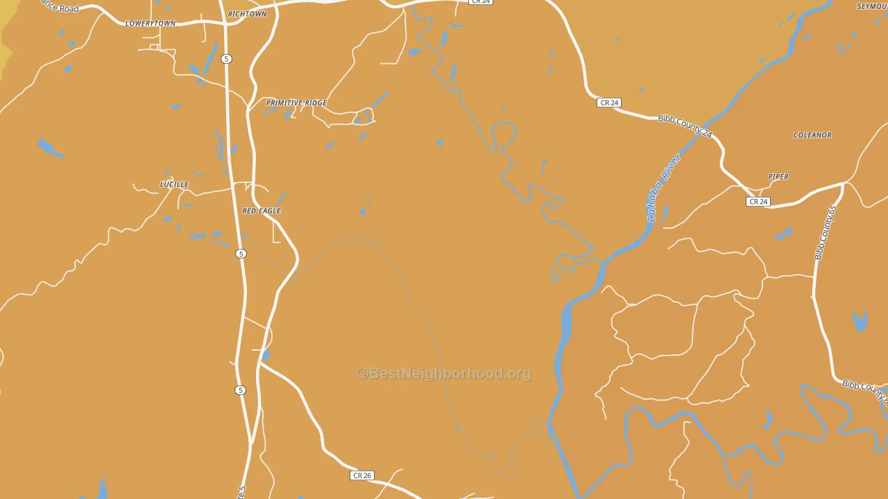 Map of the best neighborhoods in the Primitive Ridge area, with better matches in green and worse matches in red
