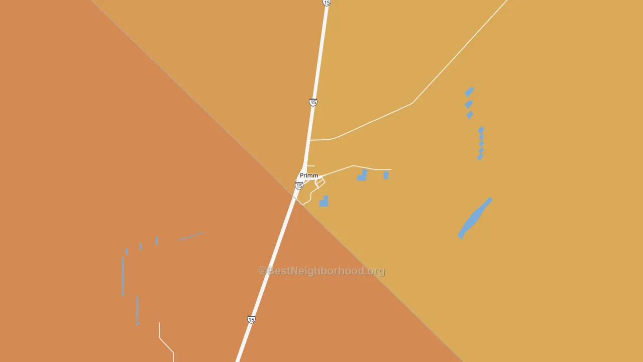 Map of the best neighborhoods in the Primm area, with better matches in green and worse matches in red