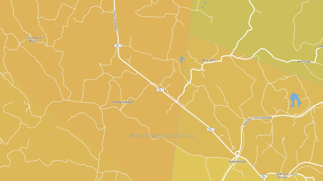 Map of the best neighborhoods in the Primm Springs area, with better matches in green and worse matches in red