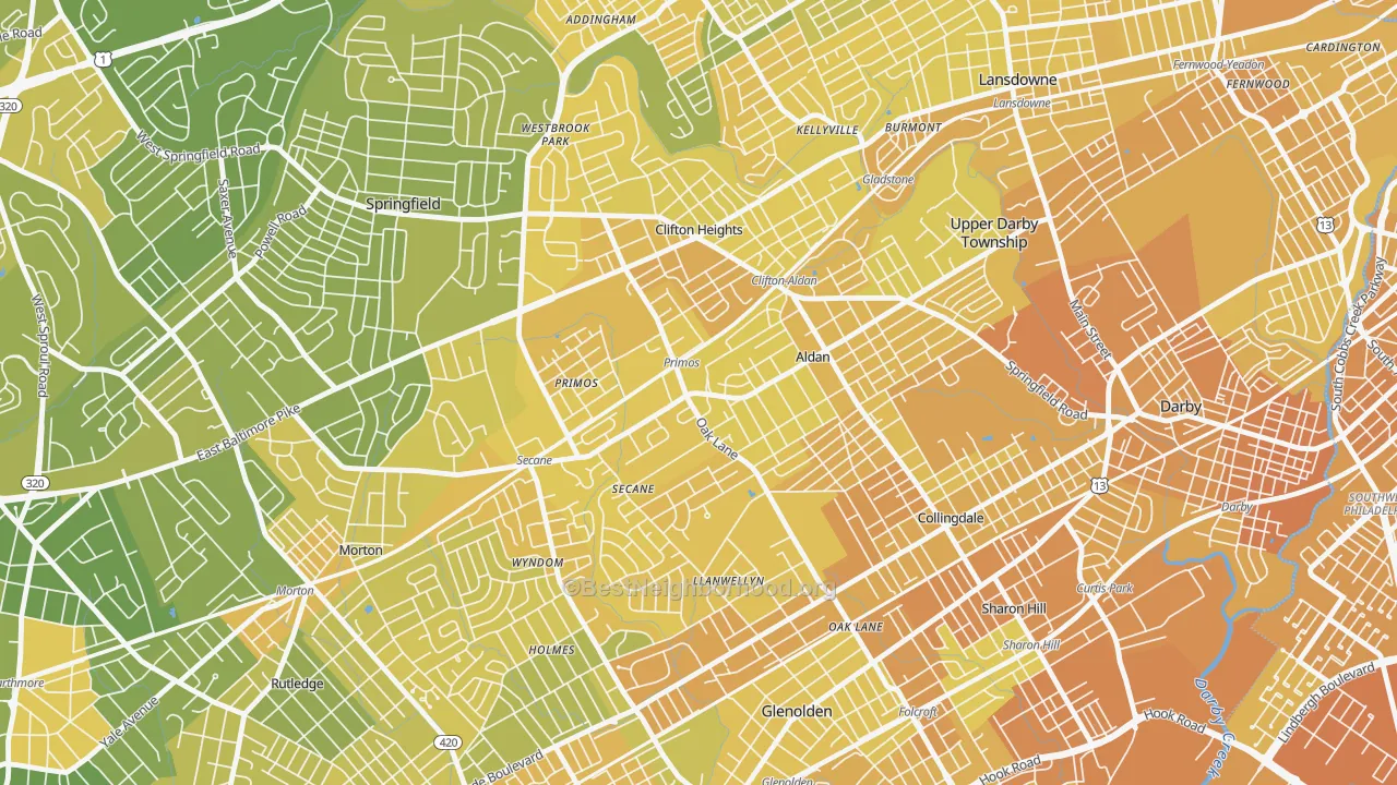 Map of the best neighborhoods in the Primos area, with better matches in green and worse matches in red