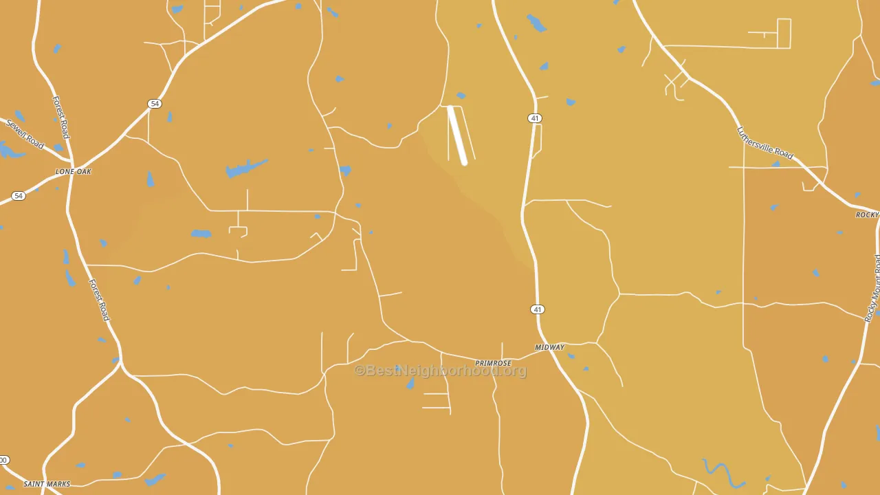 Map of the best neighborhoods in the Primrose area, with better matches in green and worse matches in red