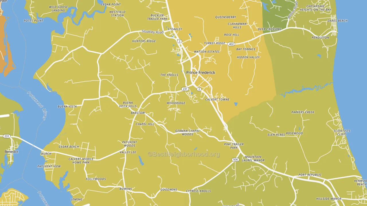 Map of the best neighborhoods in the Prince Frederick area, with better matches in green and worse matches in red