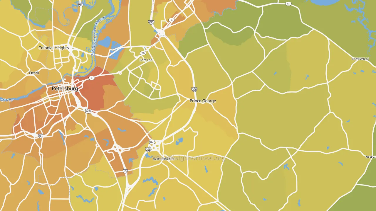Map of the best neighborhoods in the Prince George County area, with better matches in green and worse matches in red