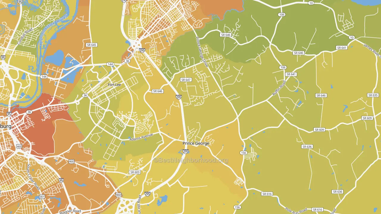Map of the best neighborhoods in the Prince George area, with better matches in green and worse matches in red