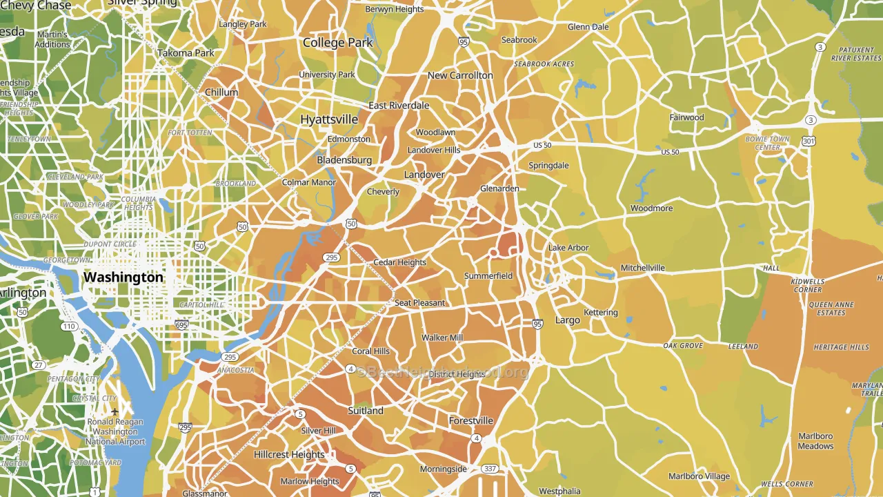 Map of the best neighborhoods in the Prince George's County area, with better matches in green and worse matches in red