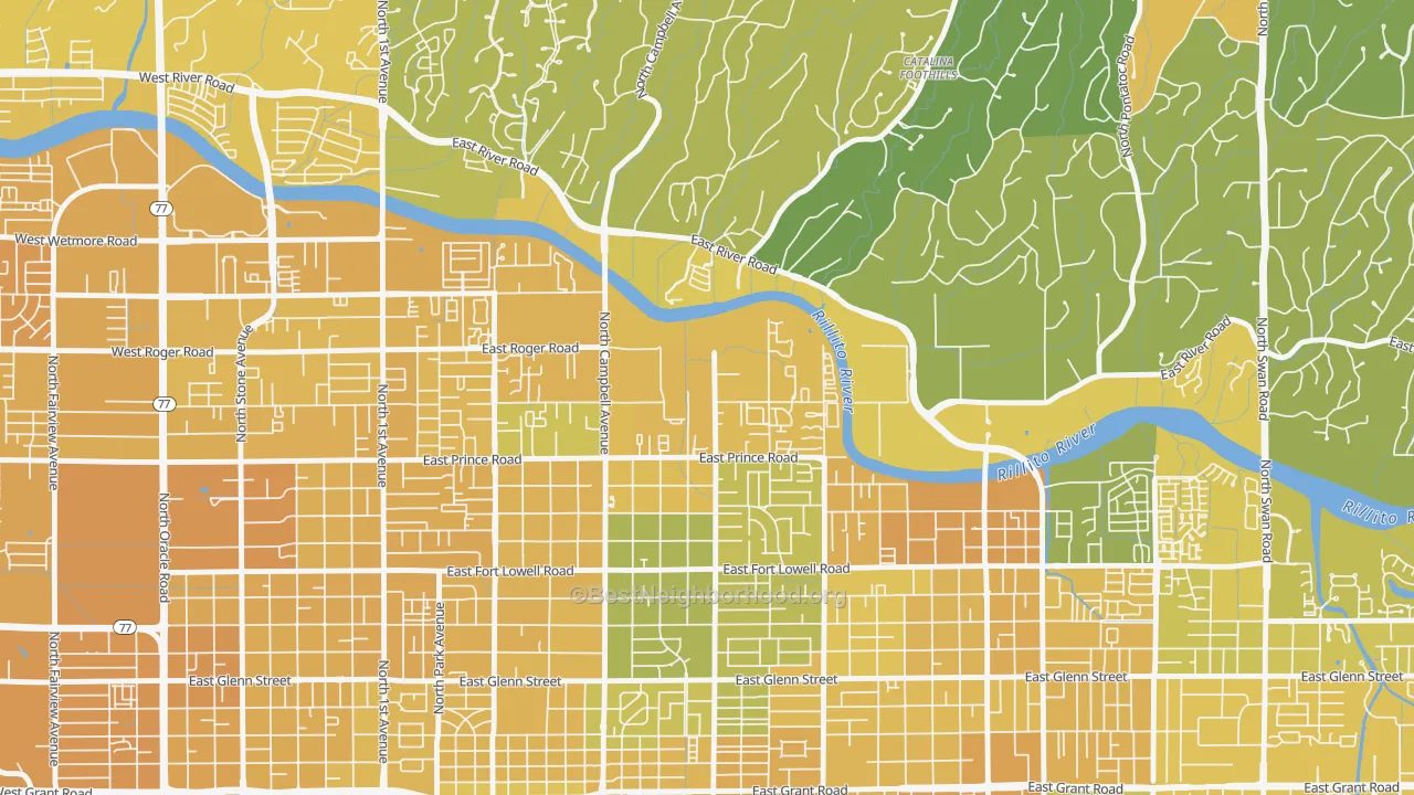 Map of the best neighborhoods in the Prince Tucson, Tucson area, with better matches in green and worse matches in red