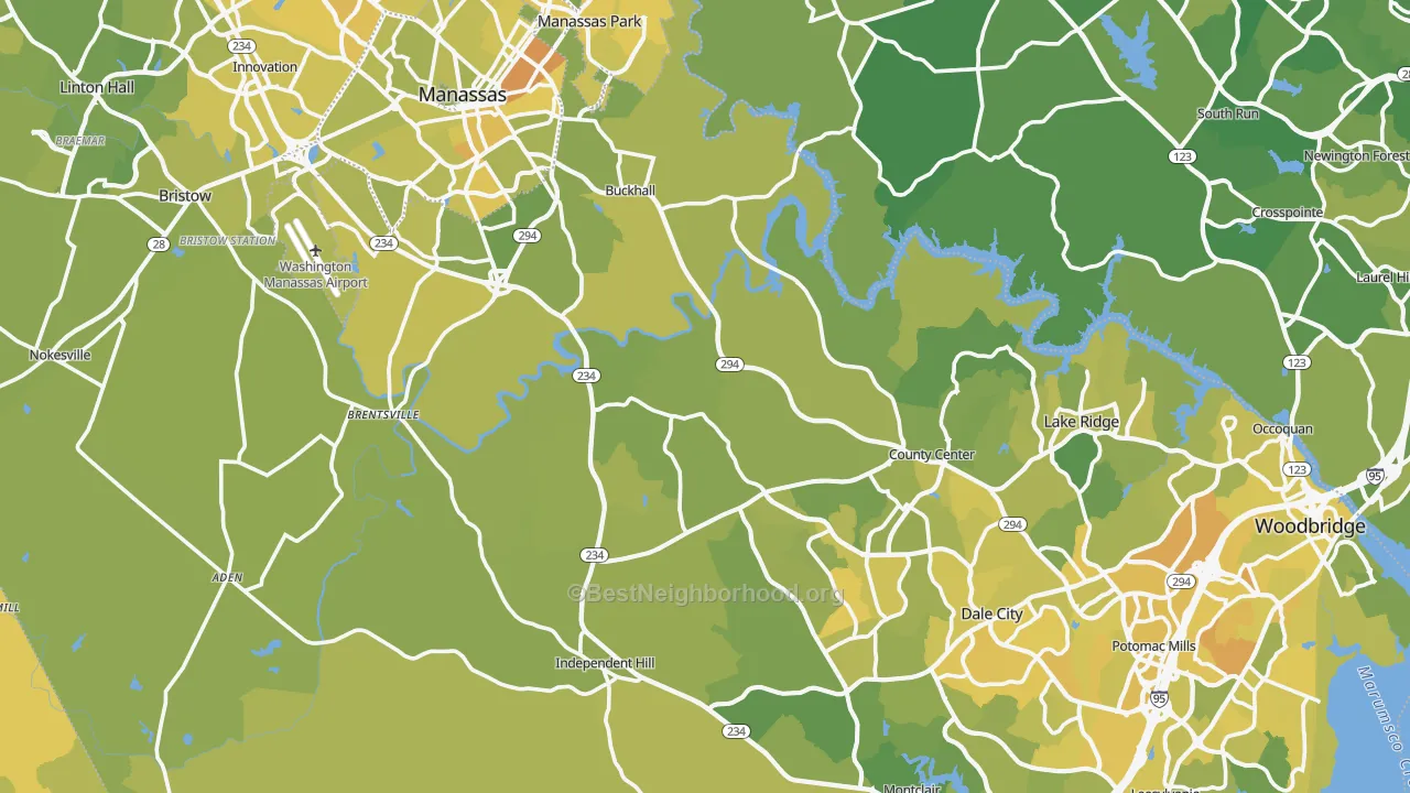 Map of the best neighborhoods in the Prince William County area, with better matches in green and worse matches in red