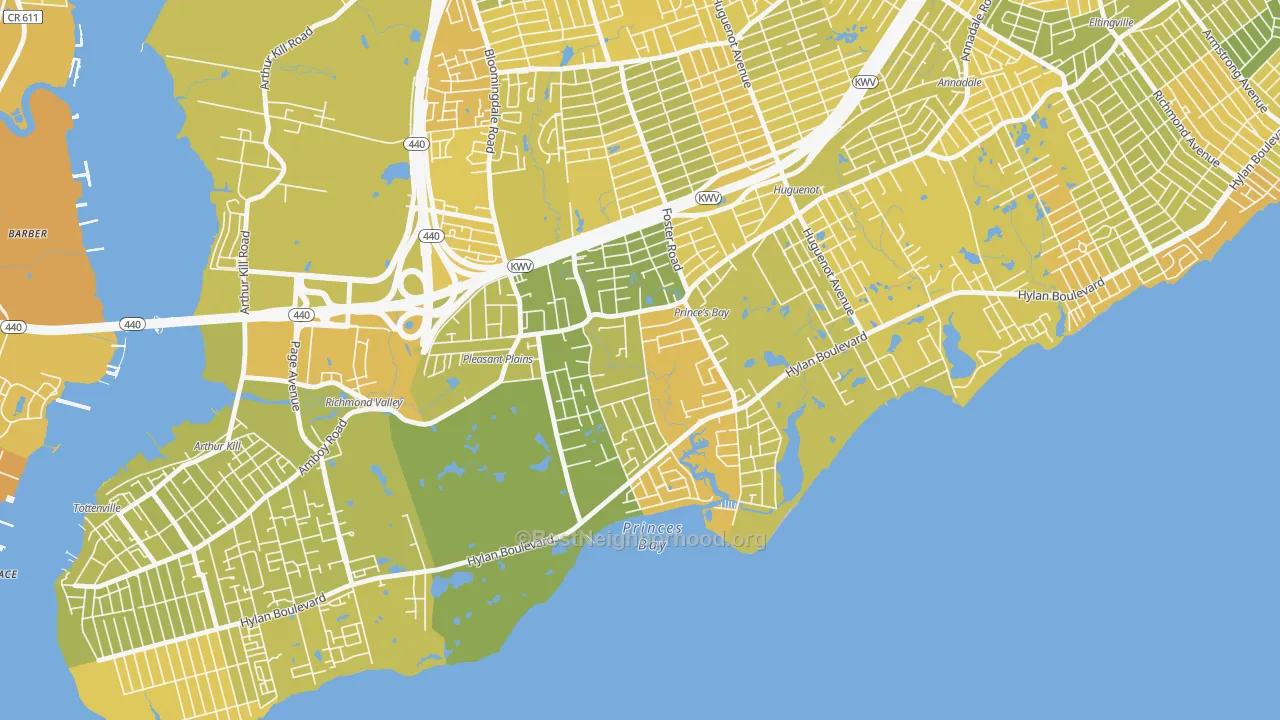 Map of the best neighborhoods in the Prince's Bay, Staten Island area, with better matches in green and worse matches in red