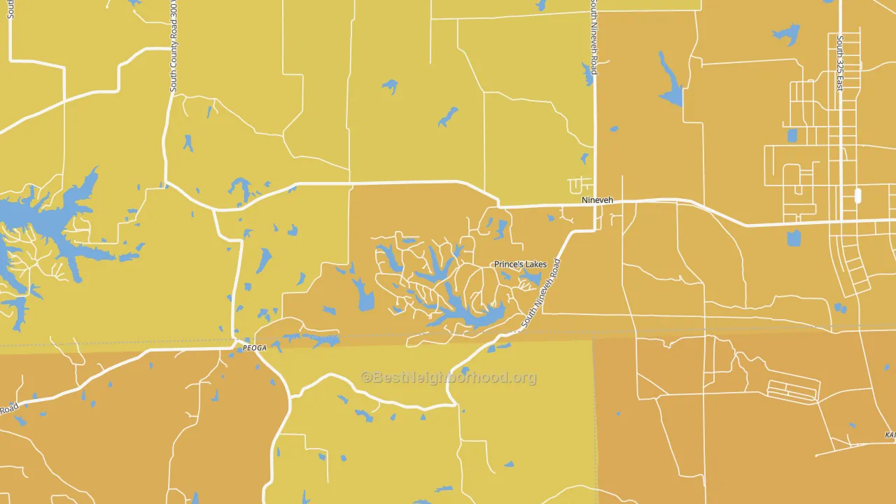 Map of the best neighborhoods in the Princes Lakes area, with better matches in green and worse matches in red