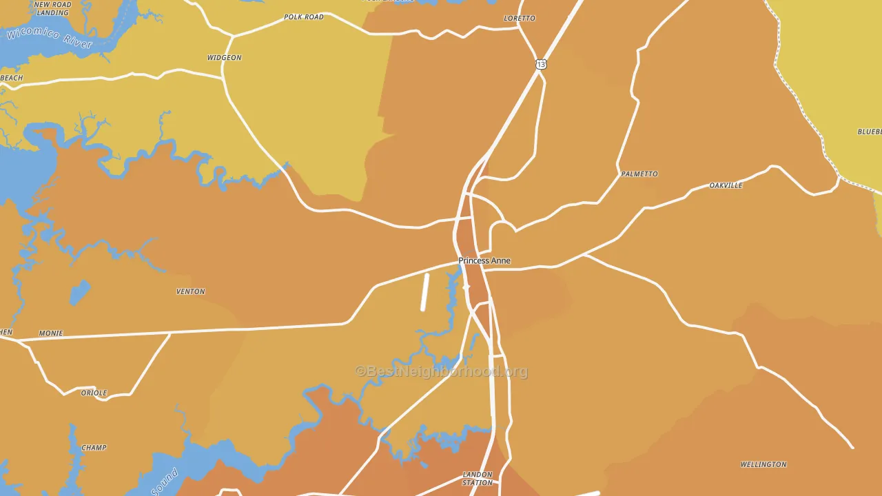 Map of the best neighborhoods in the Princess Anne area, with better matches in green and worse matches in red