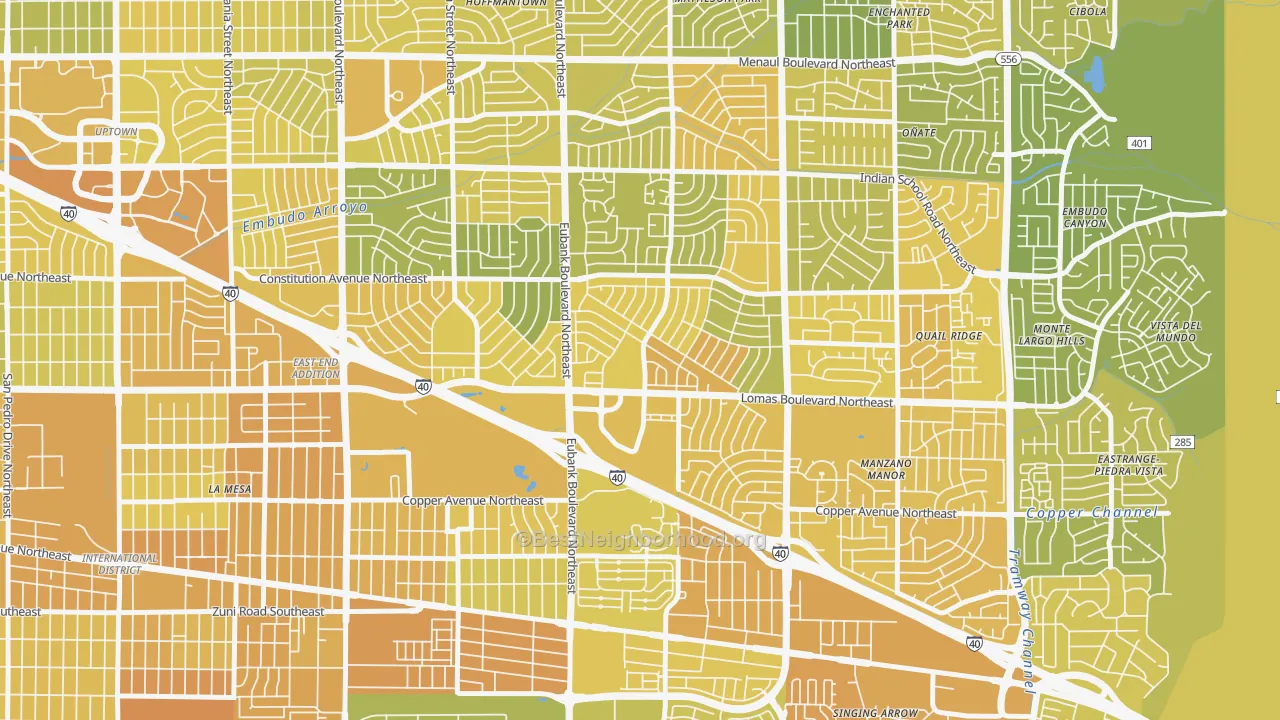 Map of the best neighborhoods in the Princess Jeanne, Albuquerque area, with better matches in green and worse matches in red