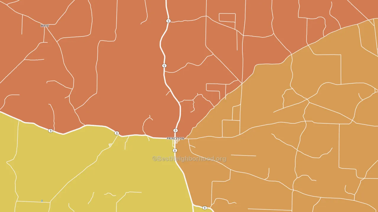 Map of the best neighborhoods in the Princeton area, with better matches in green and worse matches in red