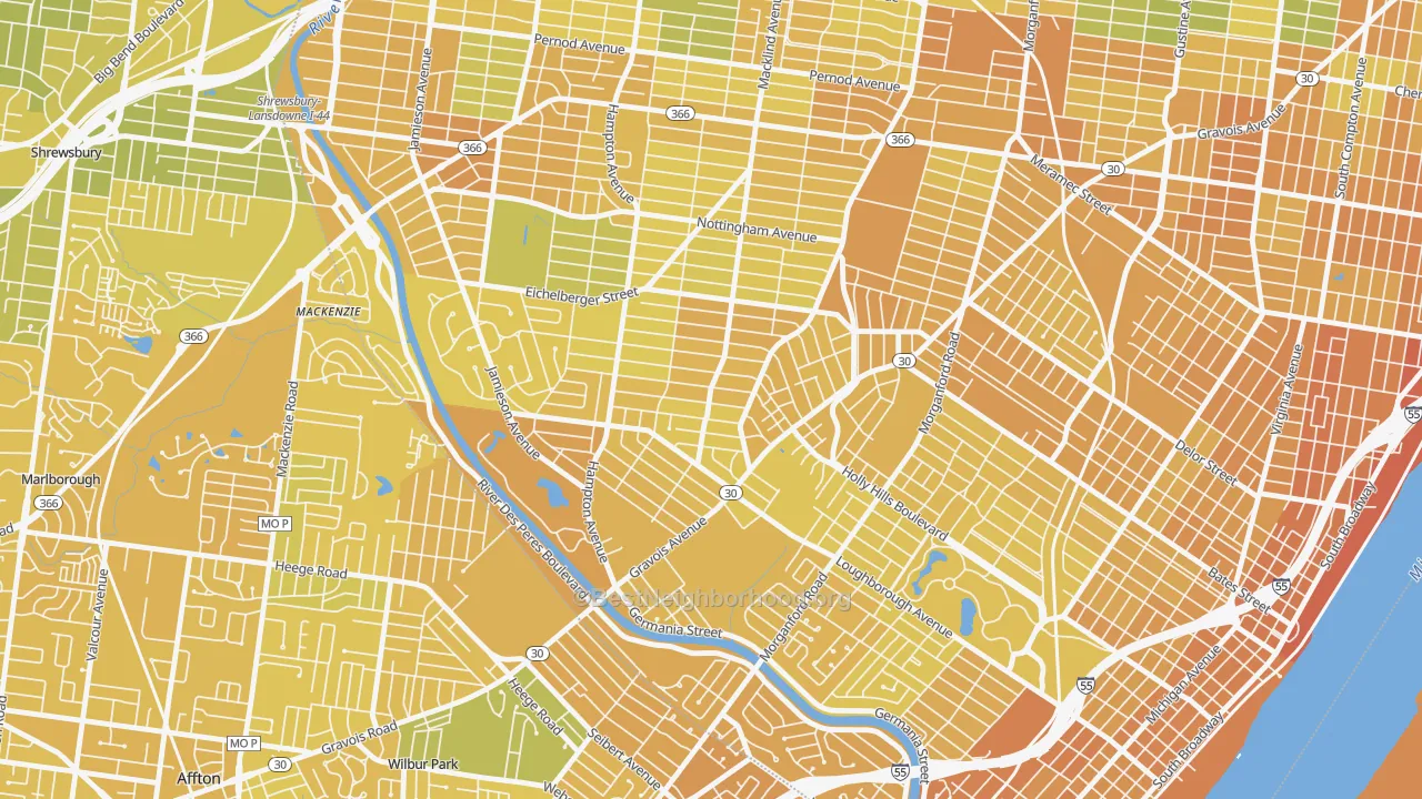 Map of the best neighborhoods in the Princeton Heights, St. Louis area, with better matches in green and worse matches in red