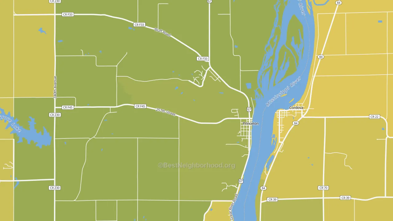 Map of the best neighborhoods in the Princeton area, with better matches in green and worse matches in red