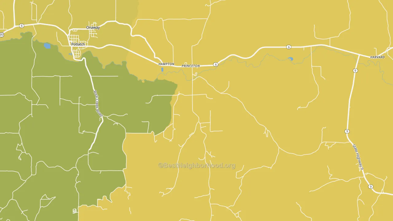 Map of the best neighborhoods in the Princeton area, with better matches in green and worse matches in red
