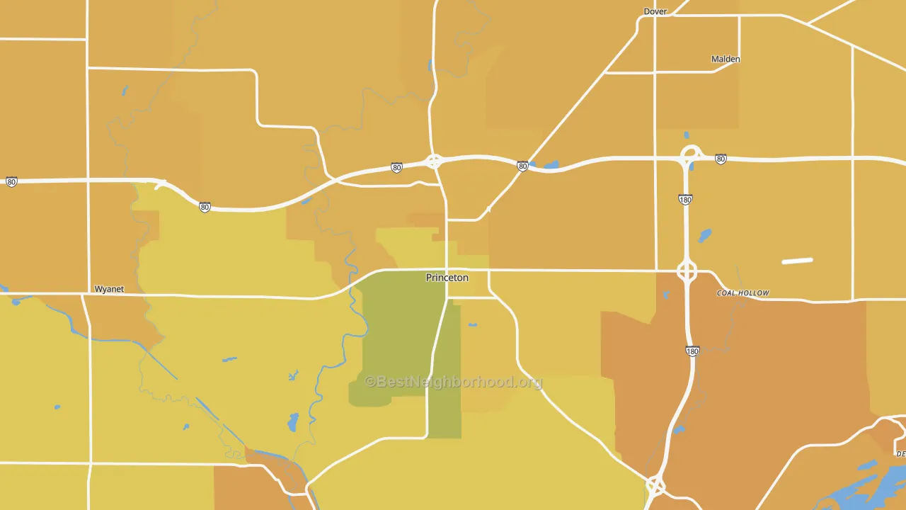 Map of the best neighborhoods in the Princeton area, with better matches in green and worse matches in red
