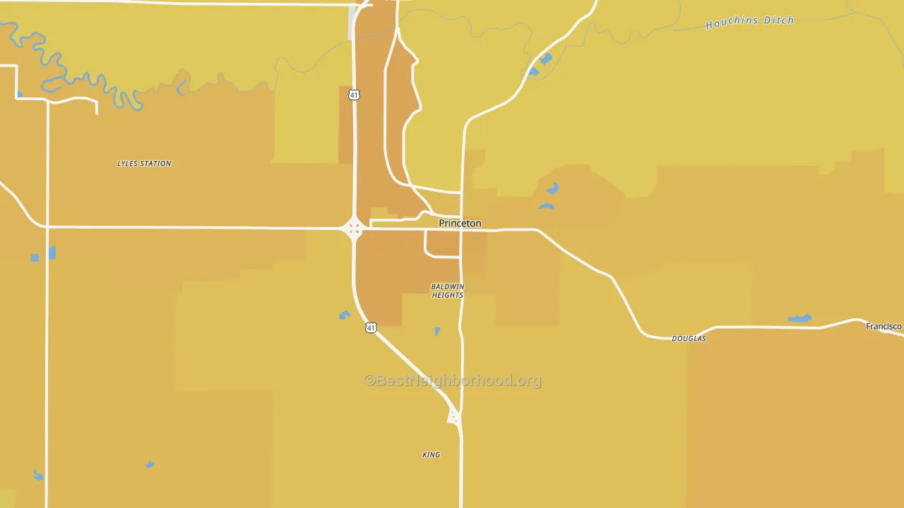 Map of the best neighborhoods in the Princeton area, with better matches in green and worse matches in red