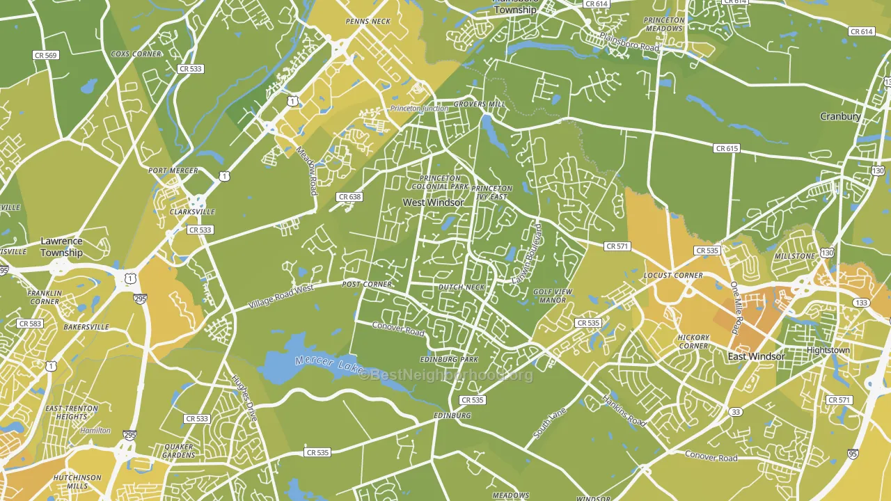 Map of the best neighborhoods in the Princeton Junction area, with better matches in green and worse matches in red