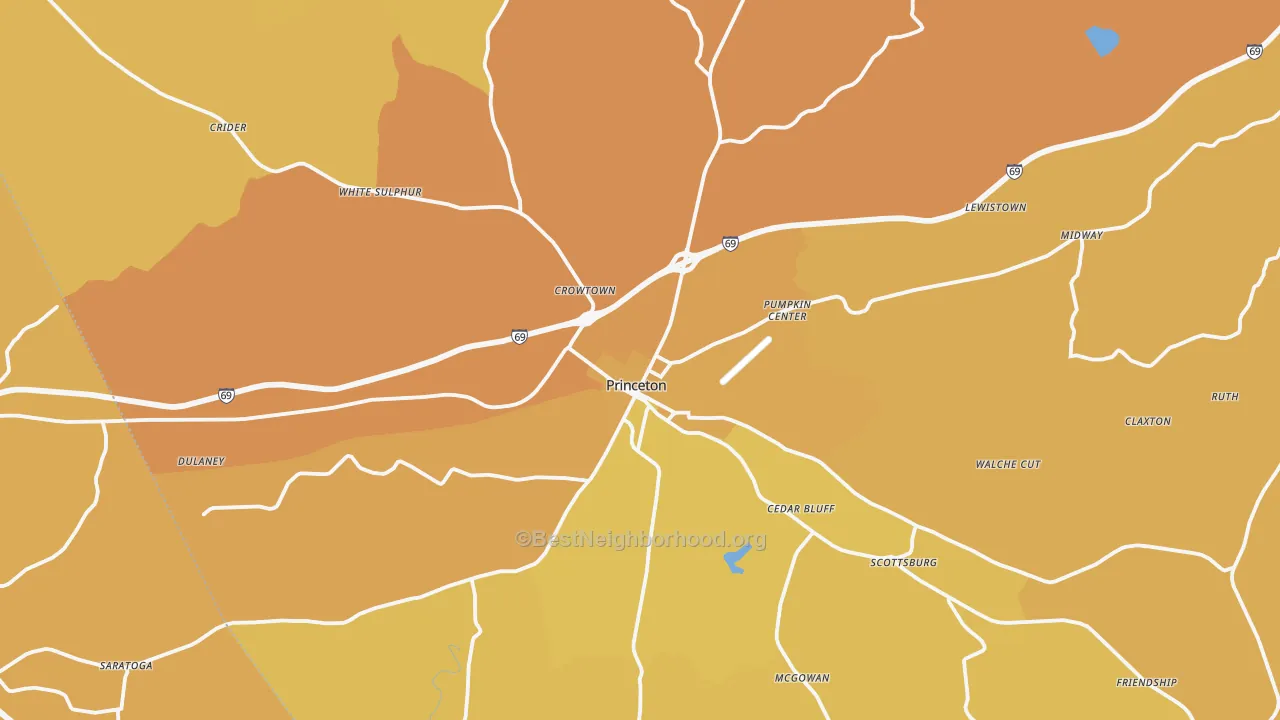 Map of the best neighborhoods in the Princeton area, with better matches in green and worse matches in red