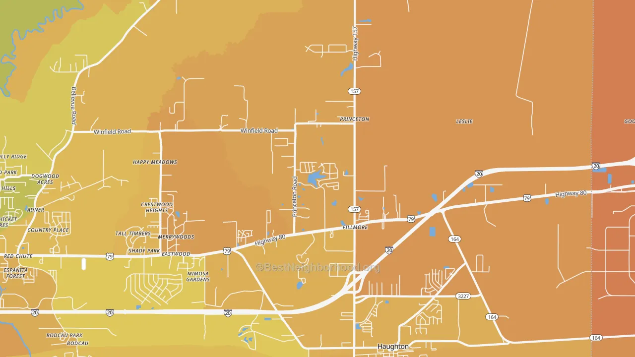 Map of the best neighborhoods in the Princeton area, with better matches in green and worse matches in red