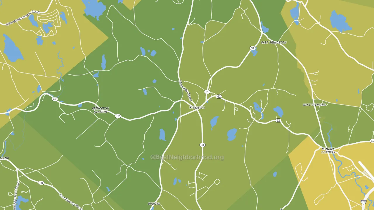 Map of the best neighborhoods in the Princeton area, with better matches in green and worse matches in red