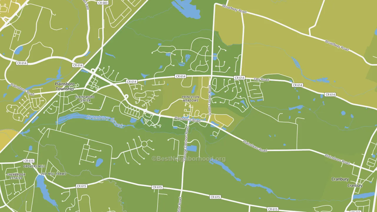 Map of the best neighborhoods in the Princeton Meadows area, with better matches in green and worse matches in red