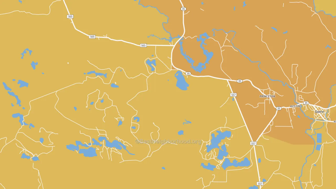 Map of the best neighborhoods in the Princeton area, with better matches in green and worse matches in red