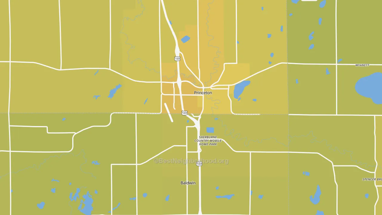 Map of the best neighborhoods in the Princeton area, with better matches in green and worse matches in red