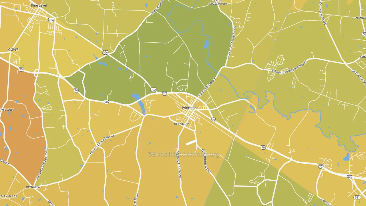 Map of the best neighborhoods in the Princeton area, with better matches in green and worse matches in red