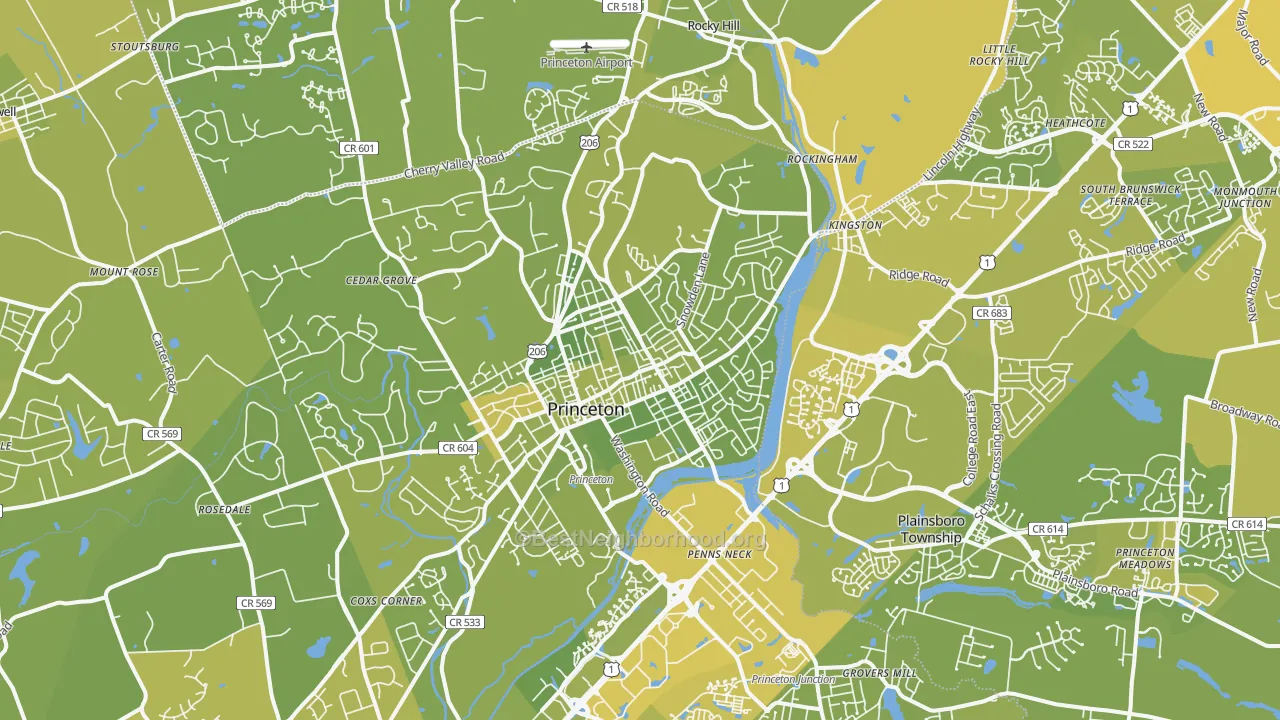 Map of the best neighborhoods in the Princeton area, with better matches in green and worse matches in red