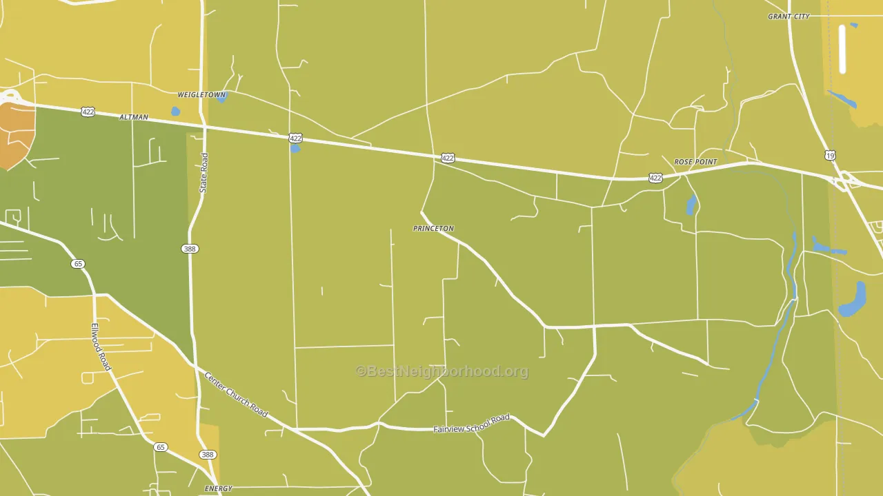 Map of the best neighborhoods in the Princeton area, with better matches in green and worse matches in red