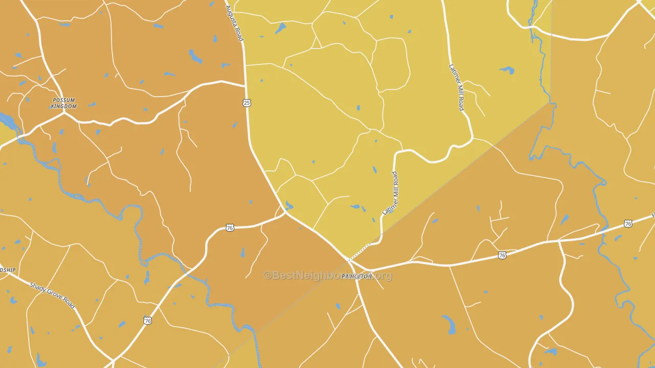 Map of the best neighborhoods in the Princeton area, with better matches in green and worse matches in red