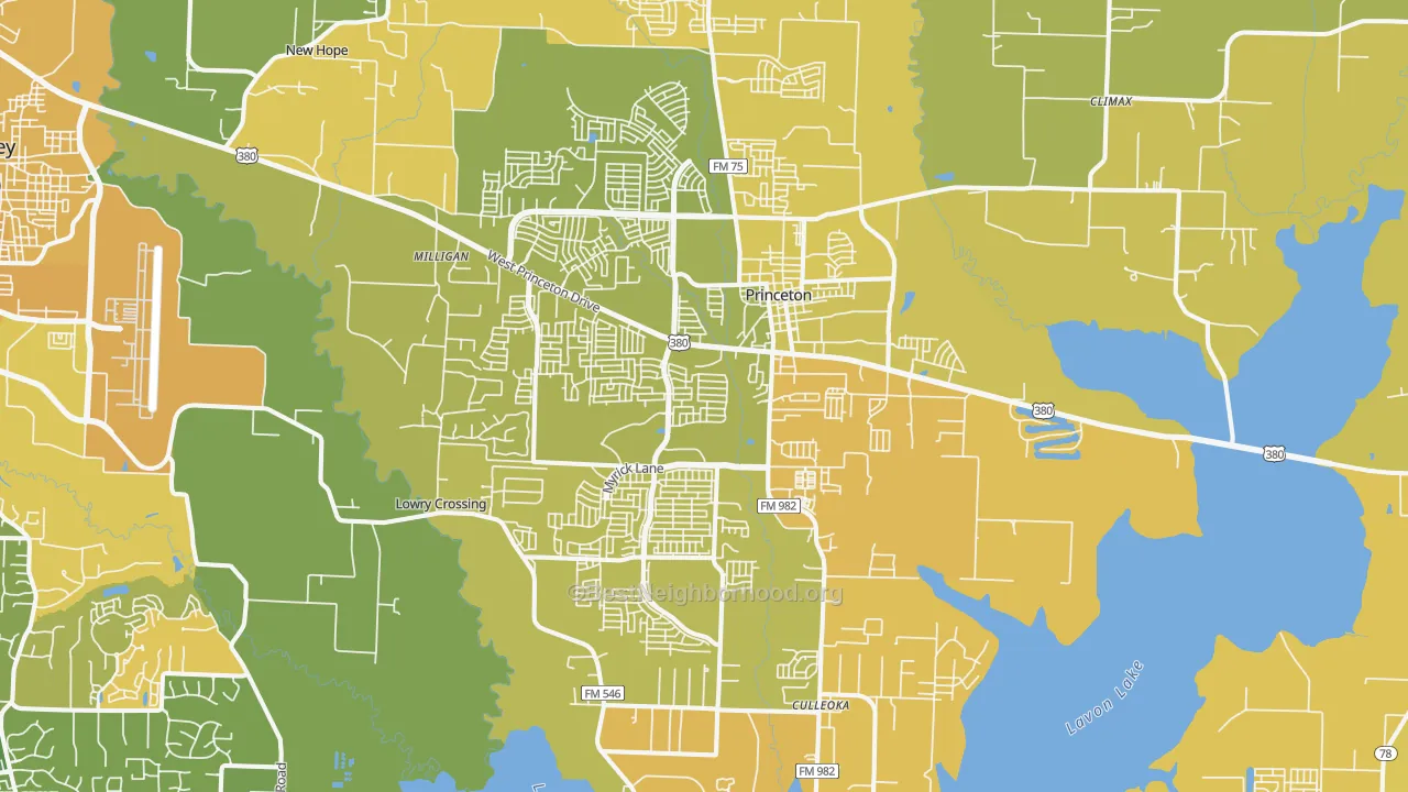 Map of the best neighborhoods in the Princeton area, with better matches in green and worse matches in red