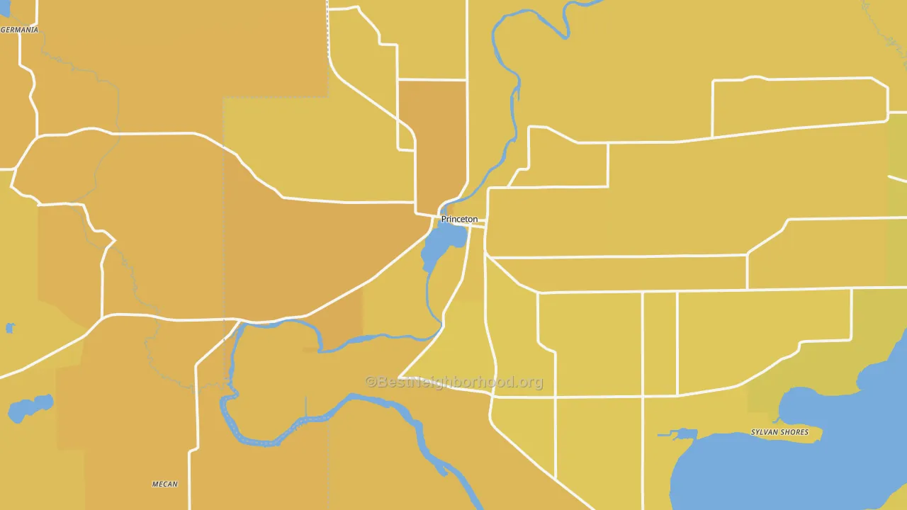 Map of the best neighborhoods in the Princeton area, with better matches in green and worse matches in red