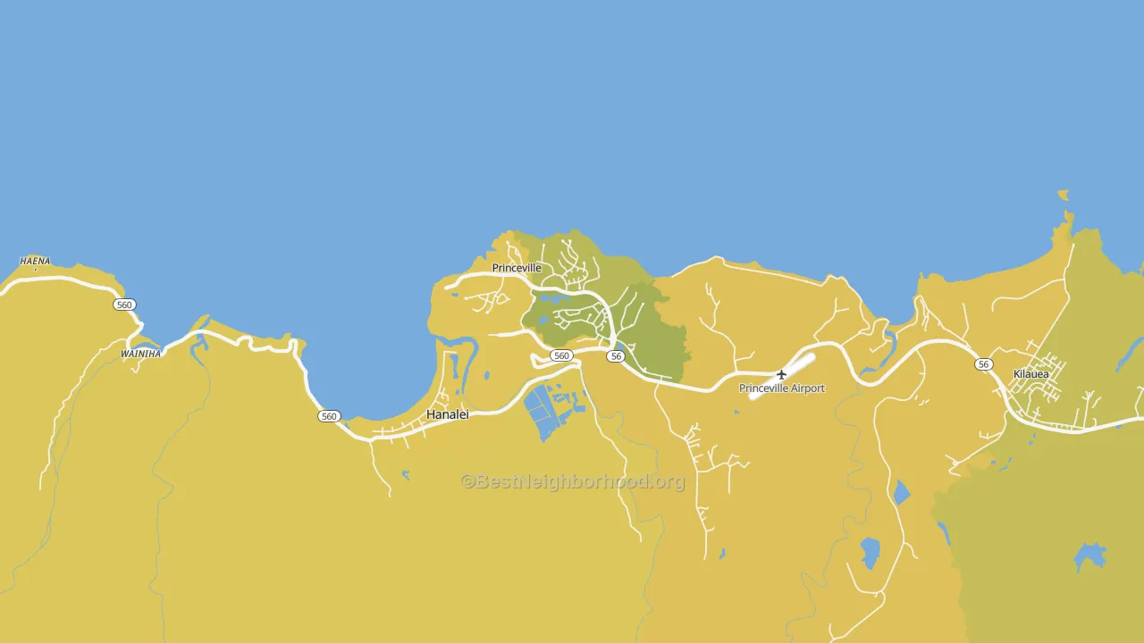 Map of the best neighborhoods in the Princeville area, with better matches in green and worse matches in red