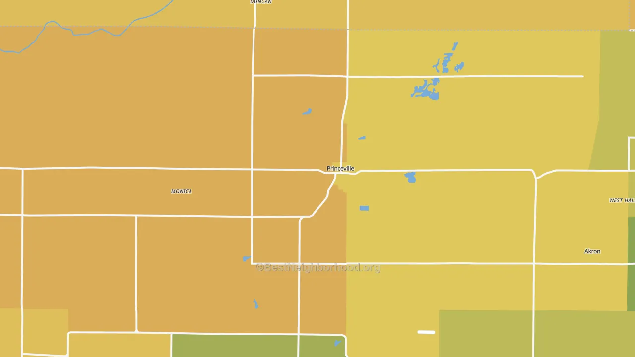 Map of the best neighborhoods in the Princeville area, with better matches in green and worse matches in red