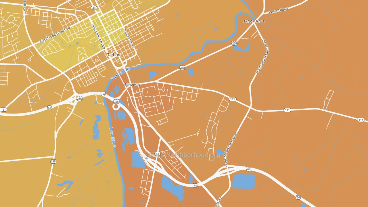 Map of the best neighborhoods in the Princeville area, with better matches in green and worse matches in red