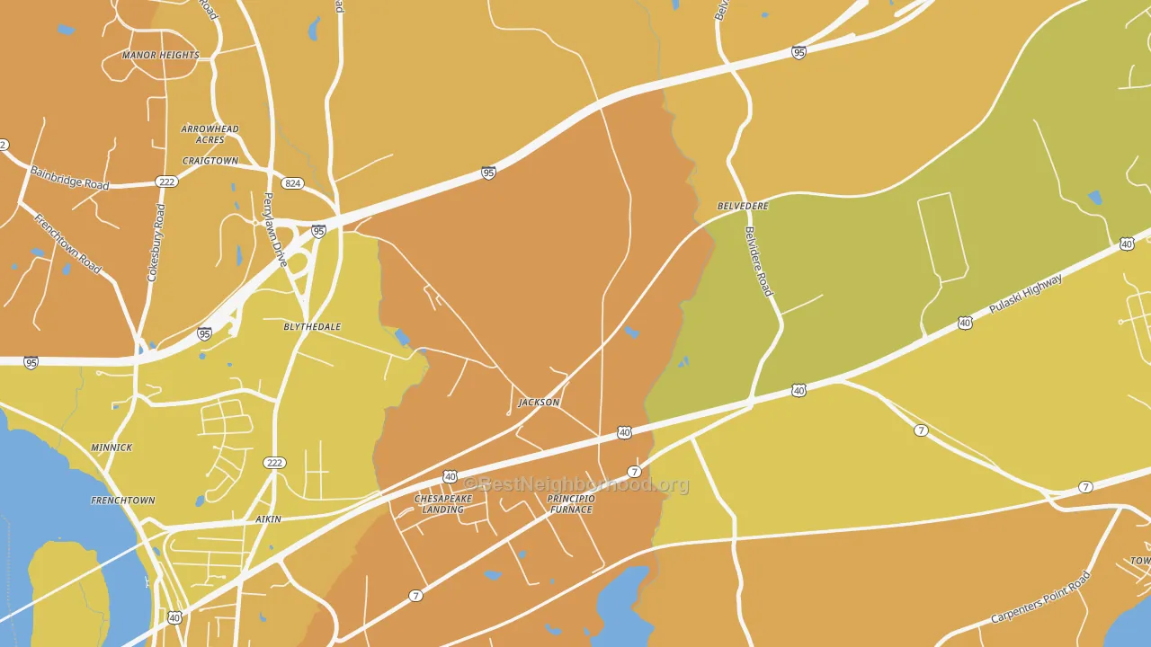 Map of the best neighborhoods in the Principio Furnace area, with better matches in green and worse matches in red