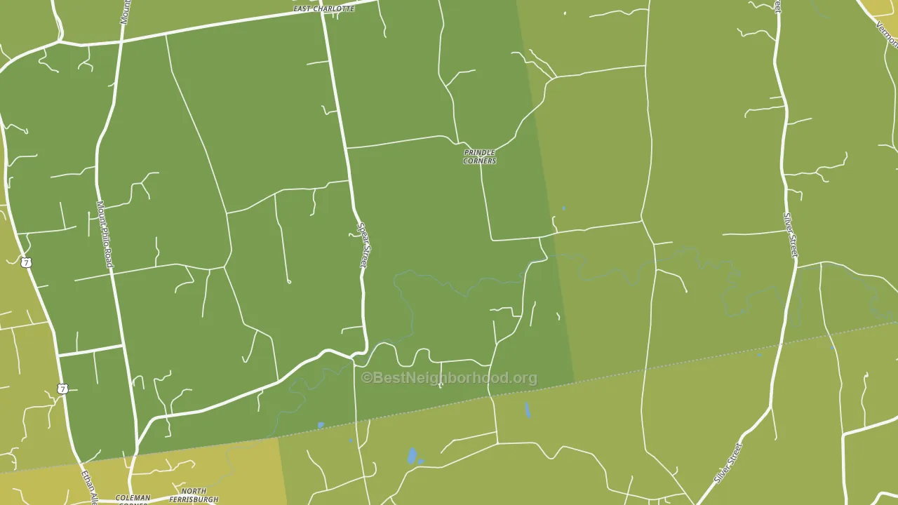 Map of the best neighborhoods in the Prindle Corner area, with better matches in green and worse matches in red