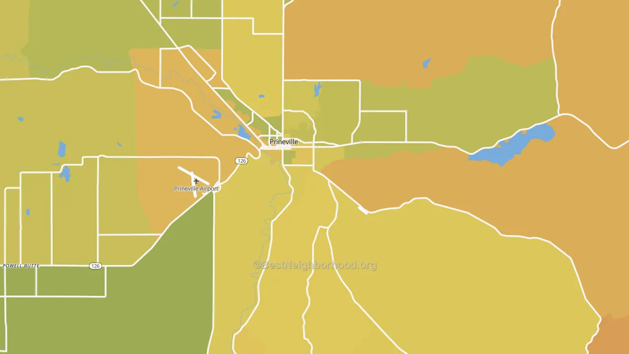 Map of the best neighborhoods in the Prineville area, with better matches in green and worse matches in red