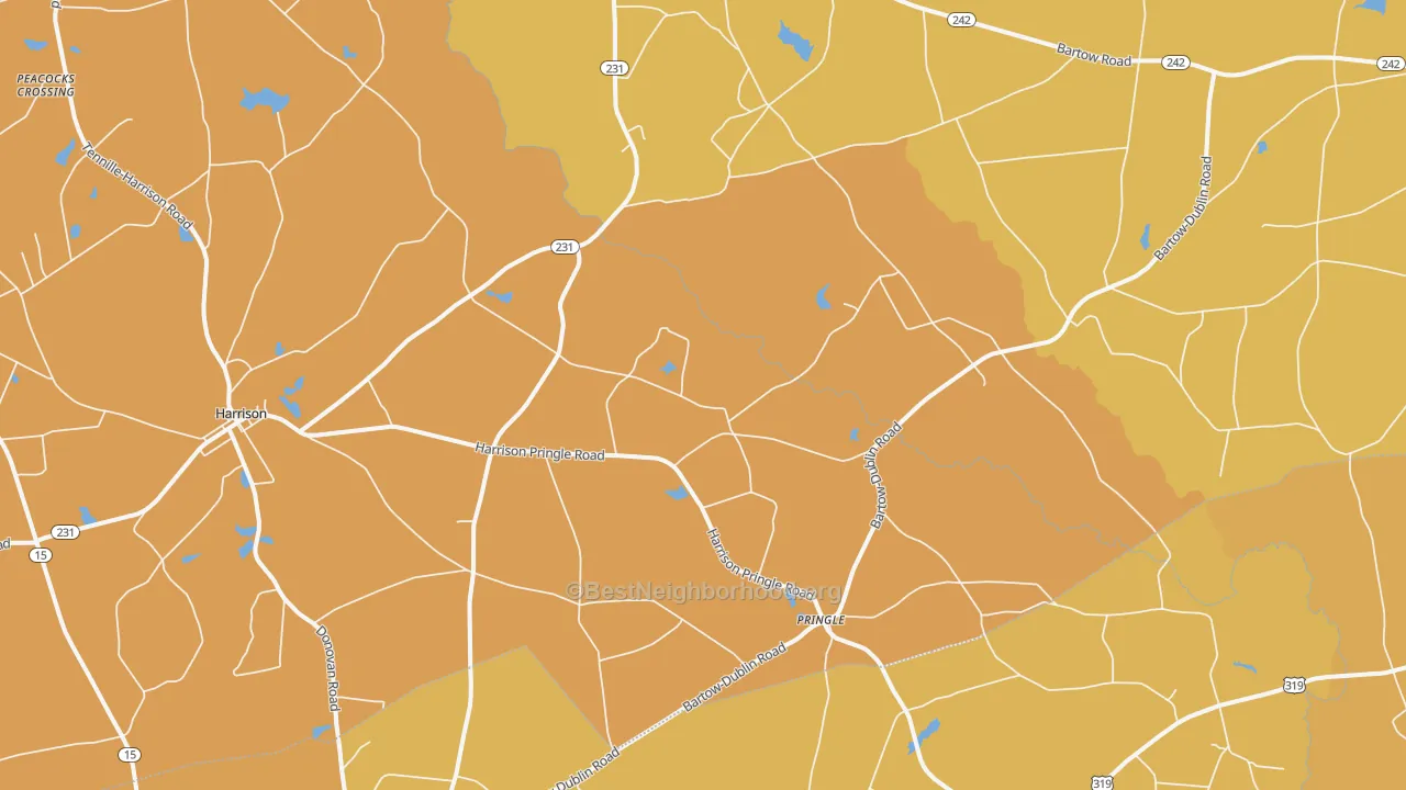 Map of the best neighborhoods in the Pringle area, with better matches in green and worse matches in red