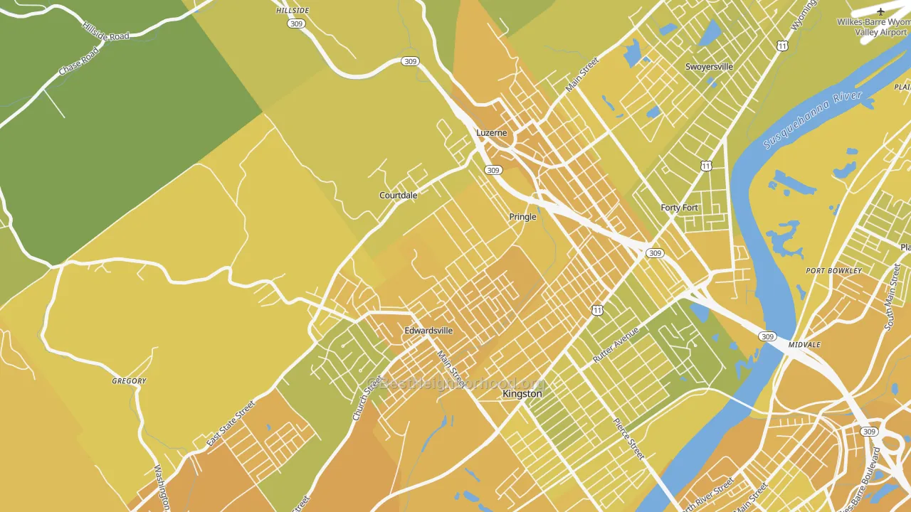 Map of the best neighborhoods in the Pringle area, with better matches in green and worse matches in red