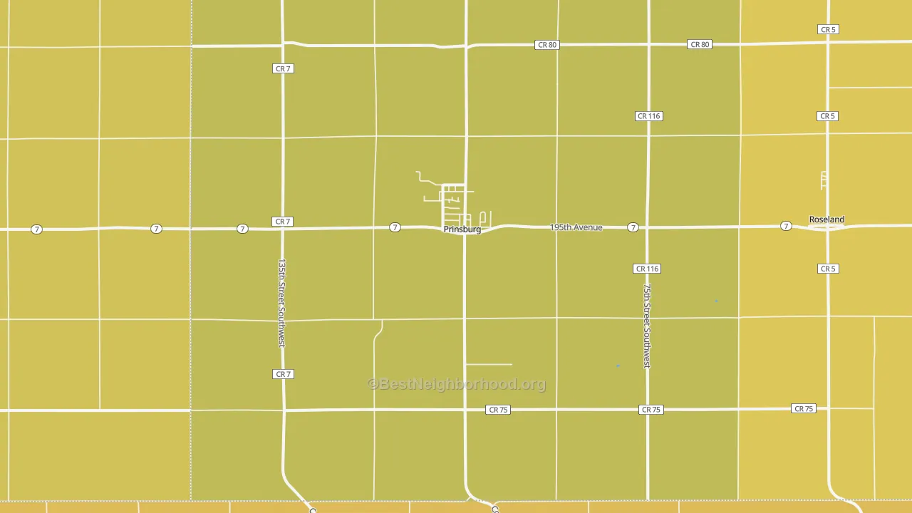 Map of the best neighborhoods in the Prinsburg area, with better matches in green and worse matches in red