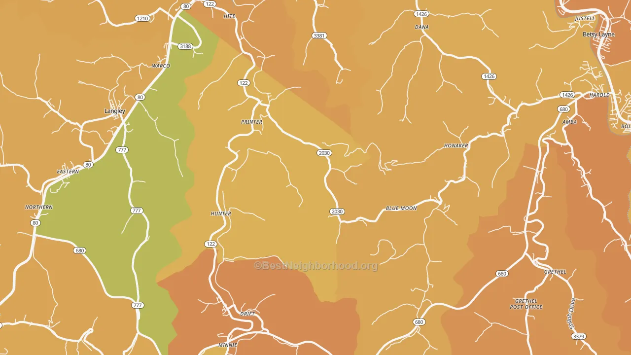 Map of the best neighborhoods in the Printer area, with better matches in green and worse matches in red