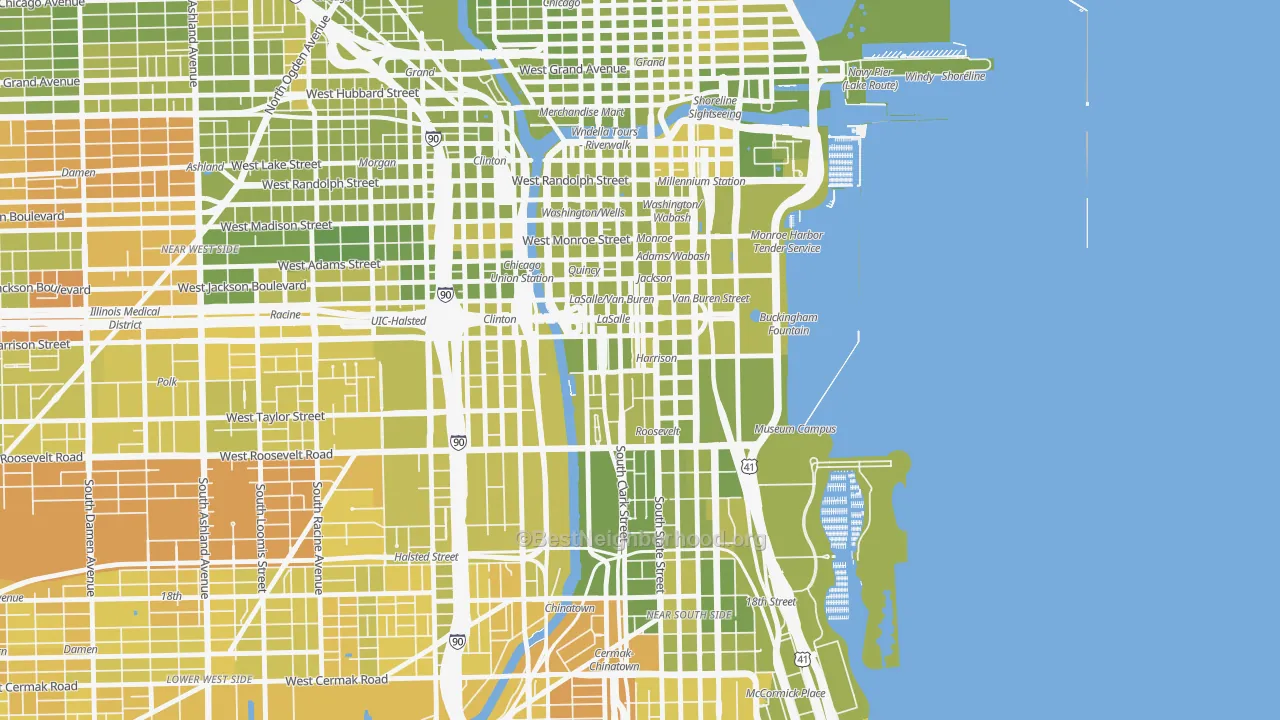 Map of the best neighborhoods in the Printers Row, Chicago area, with better matches in green and worse matches in red