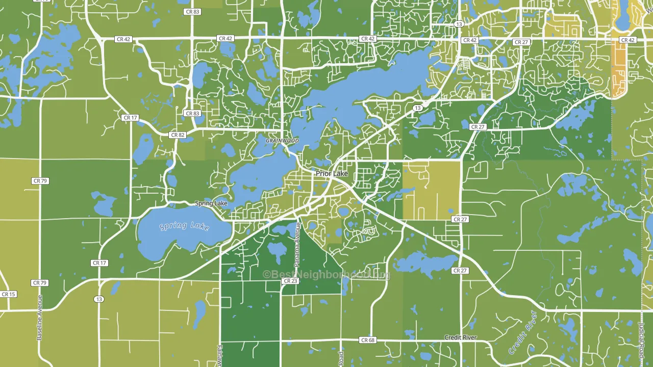 Map of the best neighborhoods in the Prior Lake area, with better matches in green and worse matches in red