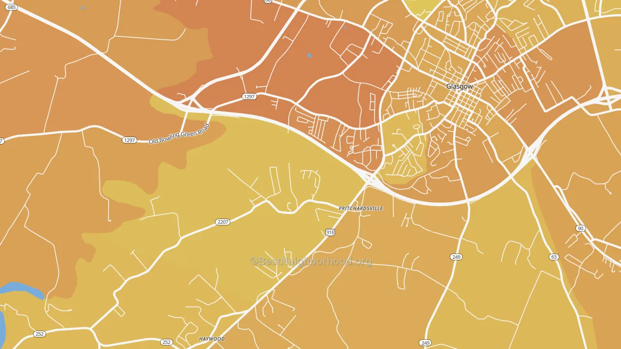 Map of the best neighborhoods in the Pritchardsville area, with better matches in green and worse matches in red