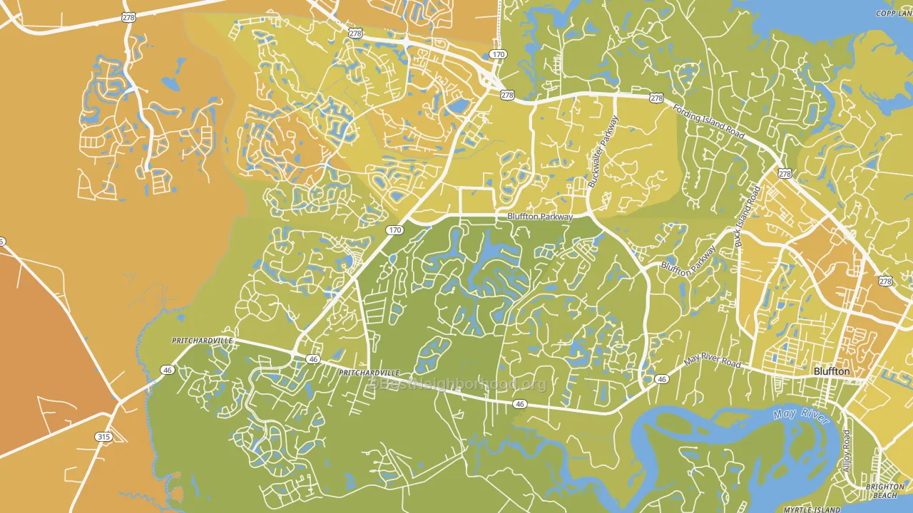 Map of the best neighborhoods in the Pritchardville area, with better matches in green and worse matches in red