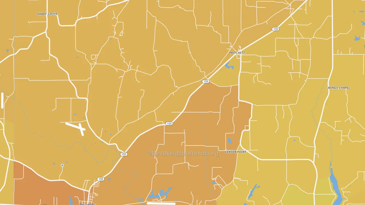 Map of the best neighborhoods in the Pritchett area, with better matches in green and worse matches in red